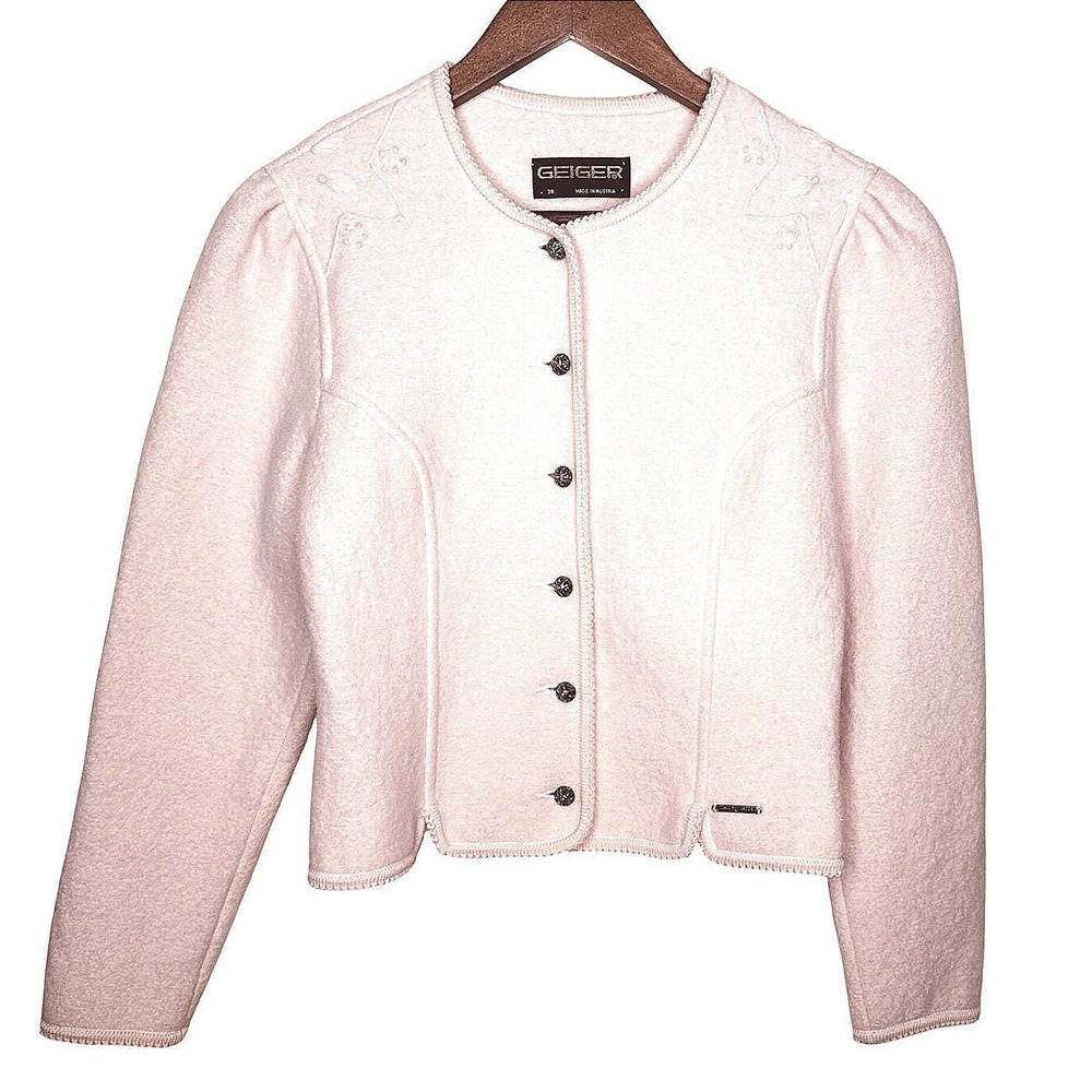 Geiger Austrian Boiled Wool Cardigan Cream Floral Embroidered Jacket Size 38